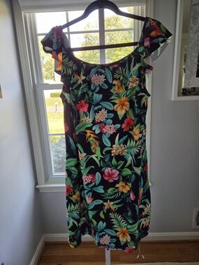 Tommy Bahama Navy Tropical Floral Dress With Ruffle Neckline